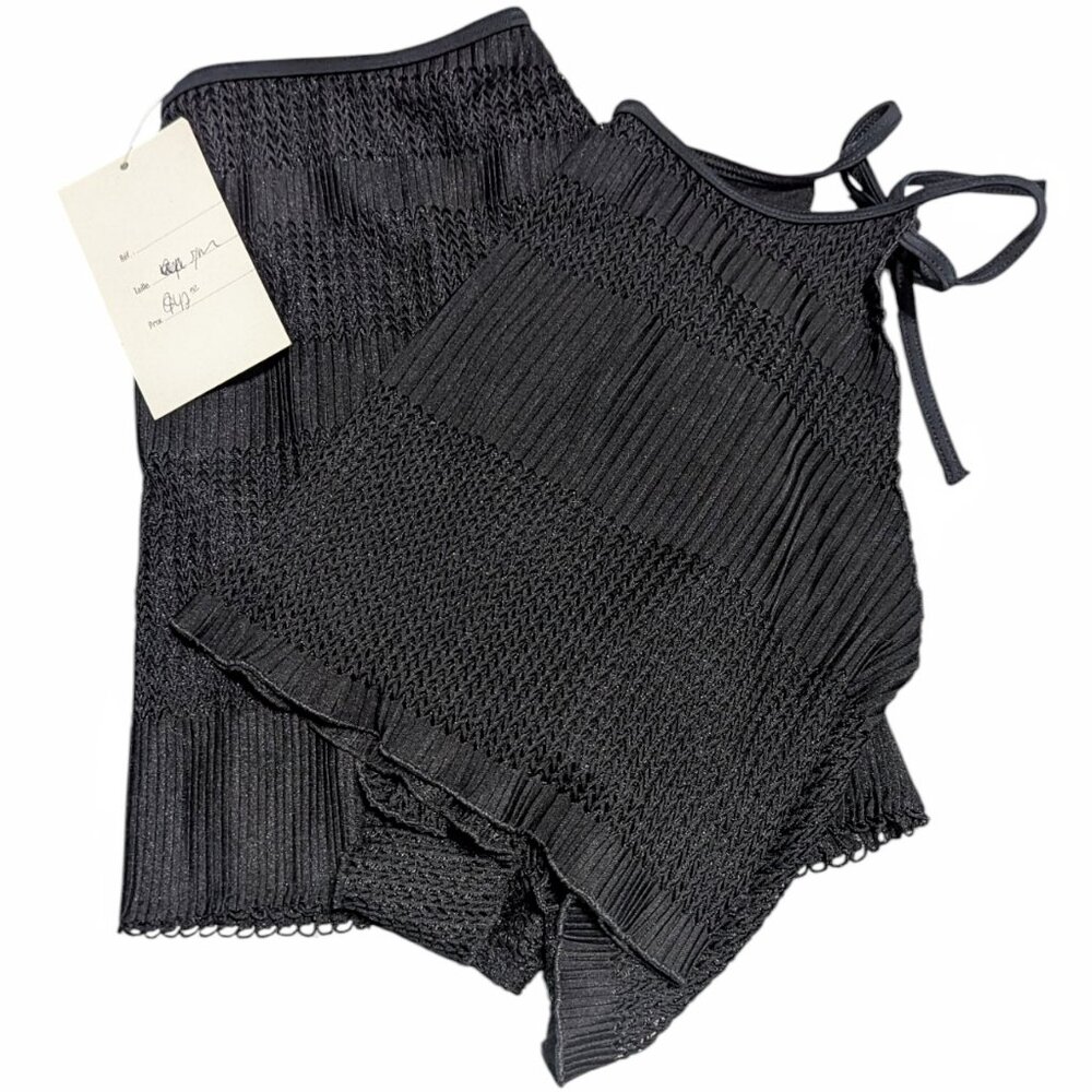 NWT S/M French Swim Wrap Skirt Halter Set Black Stretch Tie Back Lined